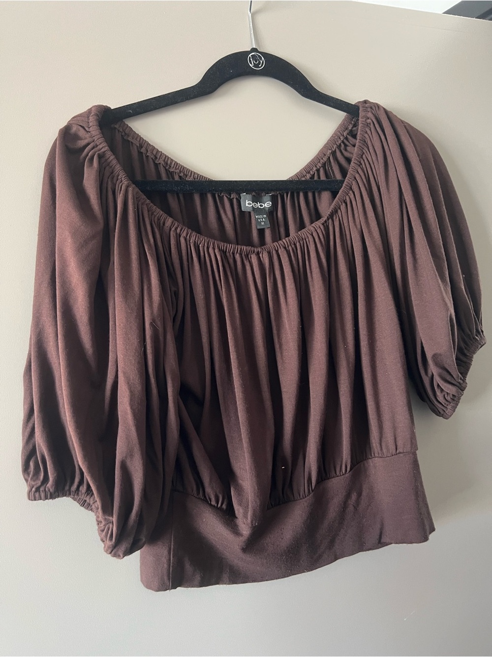 bebe Brown Peasant Top with Puff Sleeves